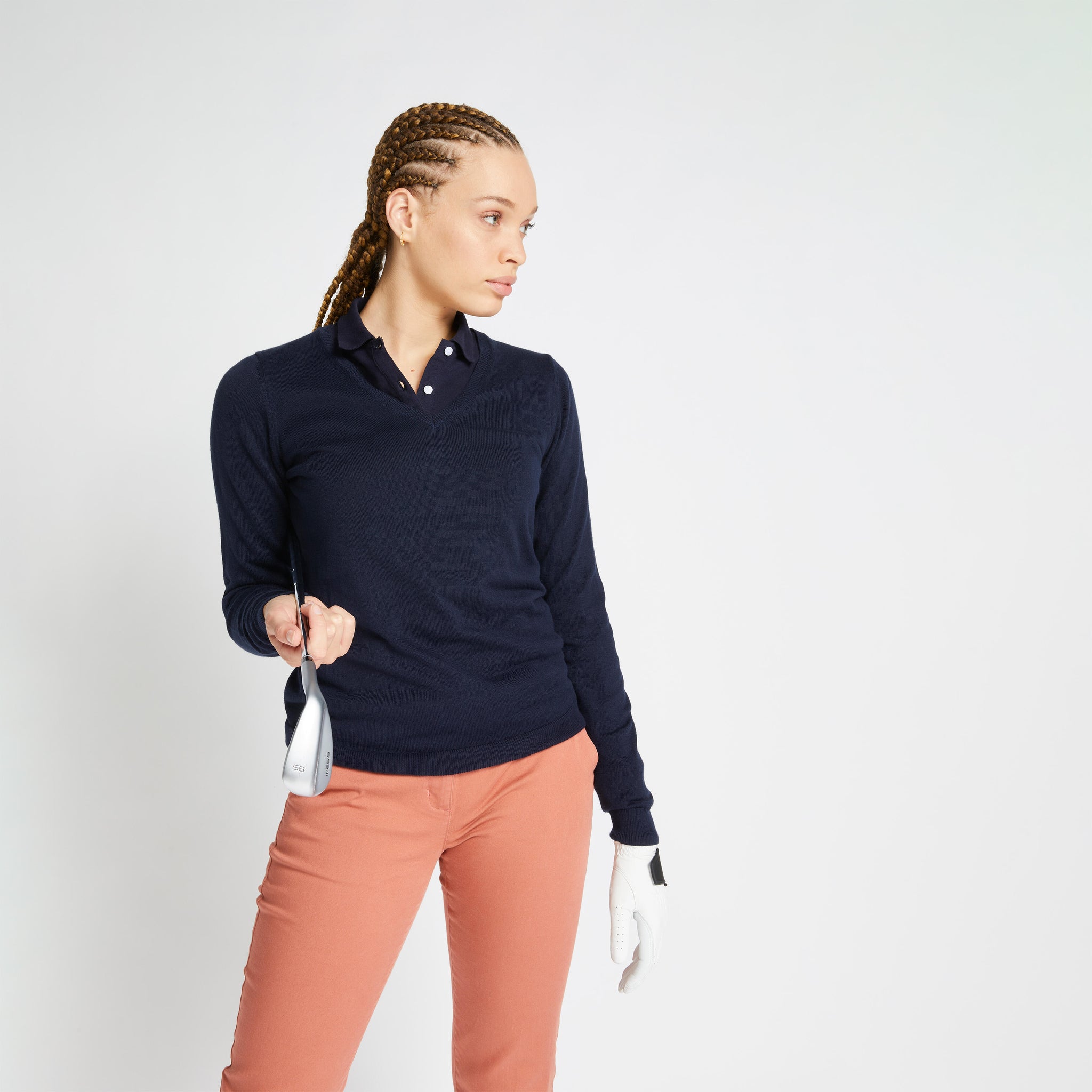 Women's golf V-neck pullover MW500 navy blue